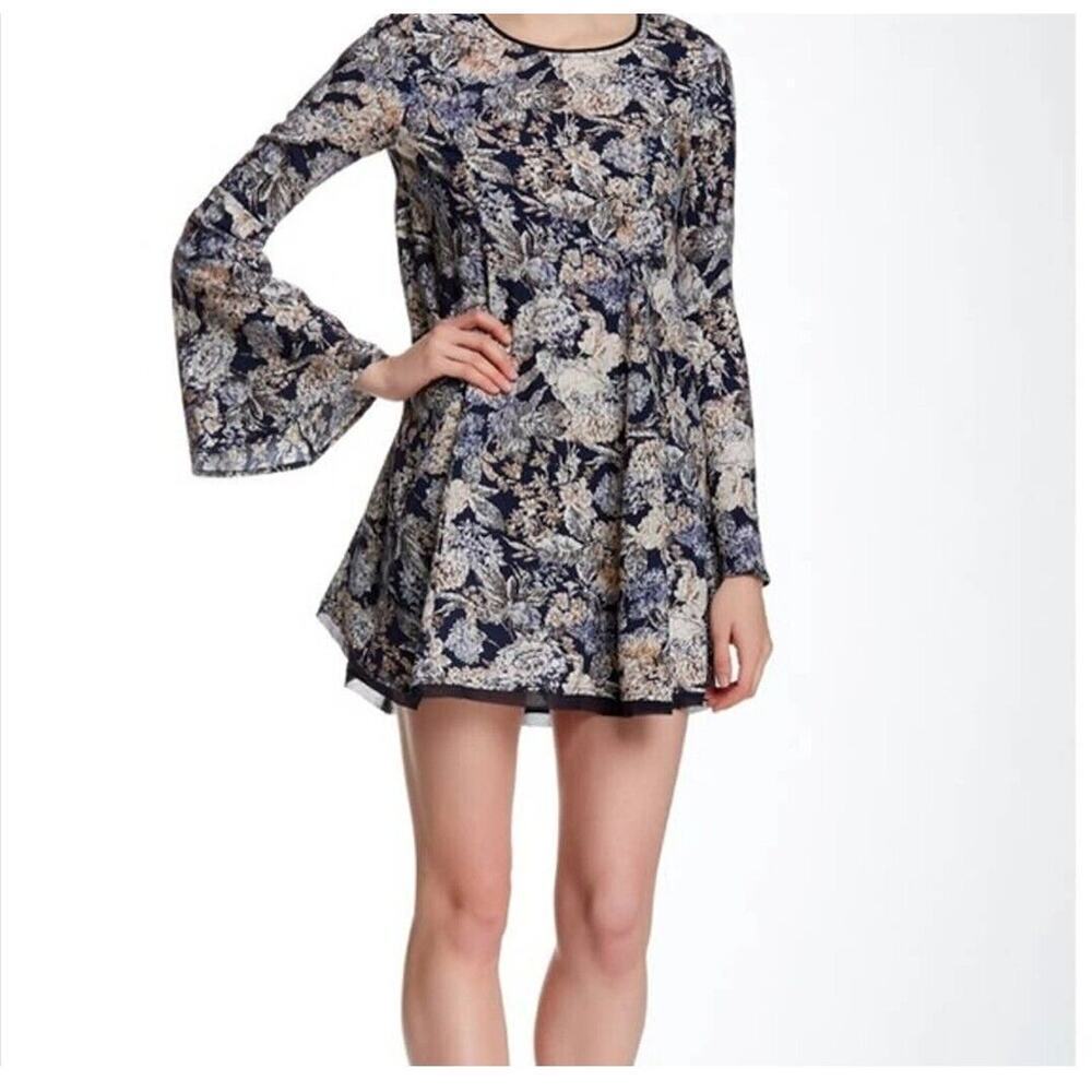 Rossmore Adele Dress Long Sleeve Floral Bell Sleeve Flare Small Blue NEW WITH TA